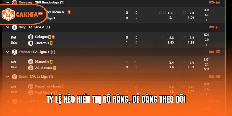 Tỷ lệ kèo hiển thị rõ ràng, dễ dàng theo dõi